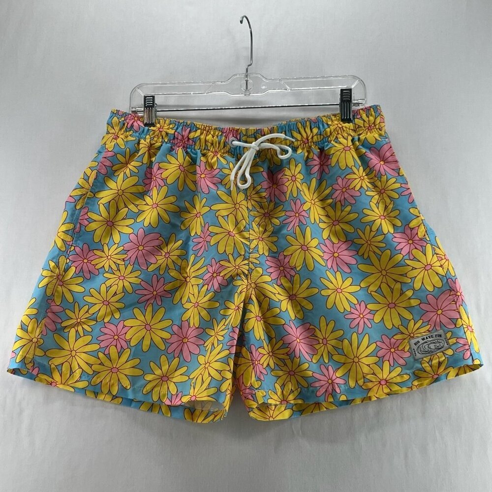 Big Wave Fun Surf Club Board Shorts Mens M Brief Lined Drawstring Floral Yellow